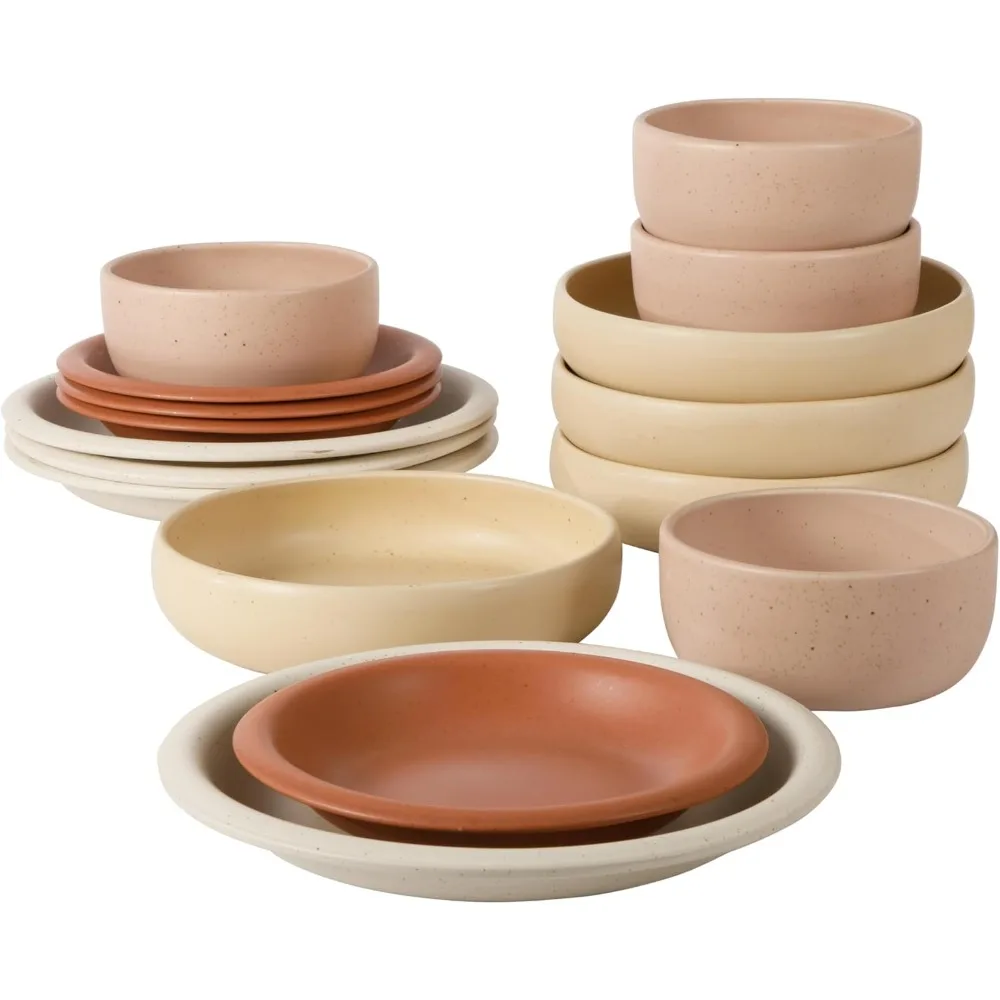 

Corsica Clay 16-Piece Stoneware Dinnerware Set with Rustic Reactive Glaze - Stackable Plates and Bowls for 4 People