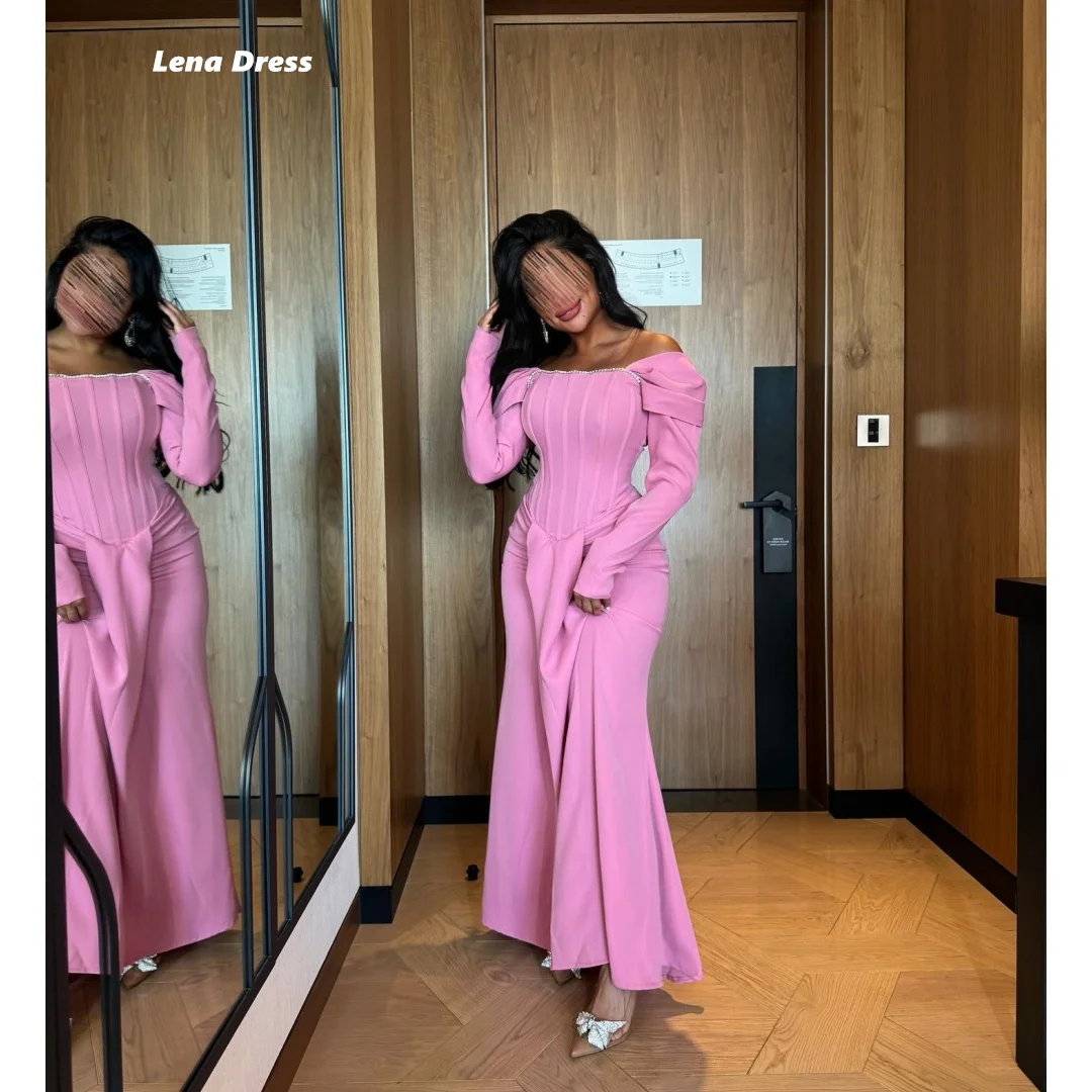 

Lena Custom Made Ball Gown Luxury Dress Long Sleeves Evening Dresses for Special Occasions Satin Cloth Pink Wedding Party Dress