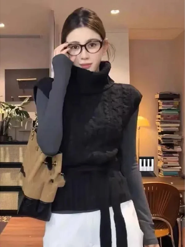 

Корейский вязаный жилет с высоким воротом больших размеров, универсальный, для многослойных образов, осенне-зимний, модный, цветной, для девочек