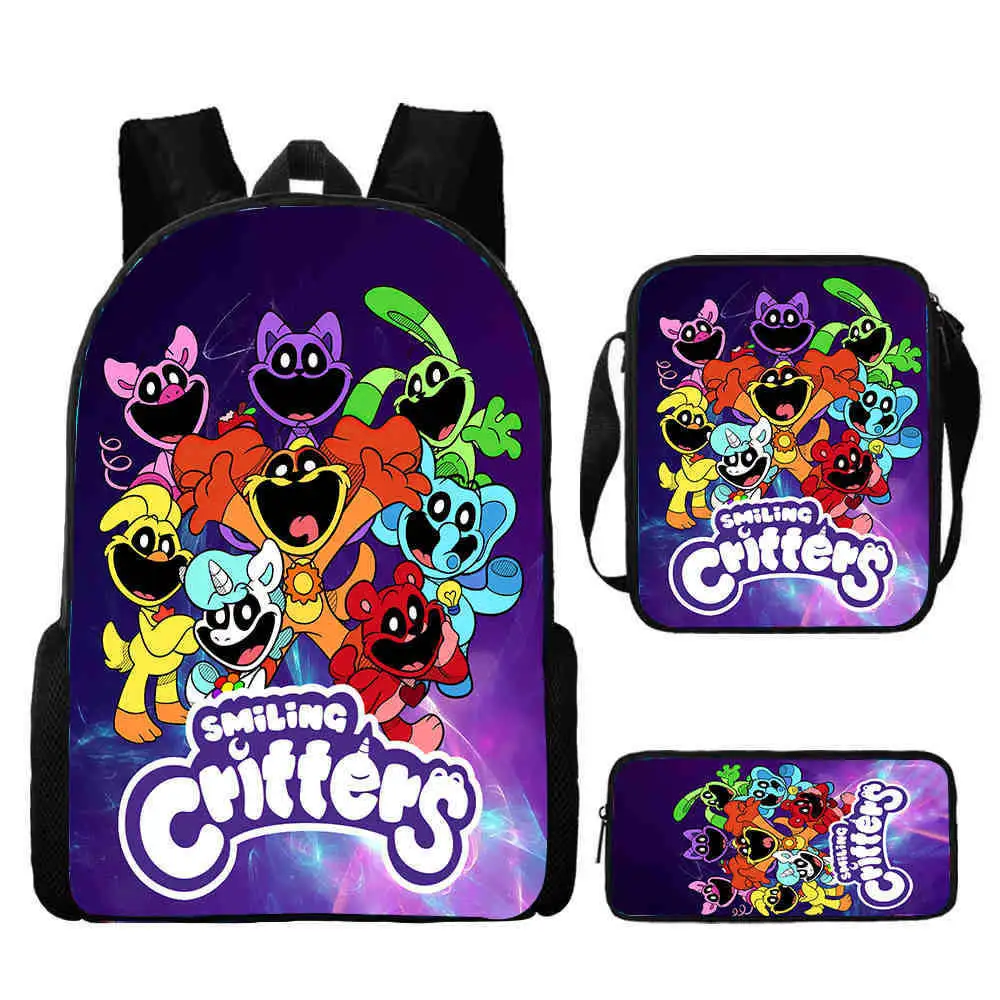 Conjunto de 3 uds. De mochila escolar con bichos sonrientes en 3D, bolsa para lápices, bolsos de hombro, mochila para niños de juego Amine de dibujos animados de gran capacidad