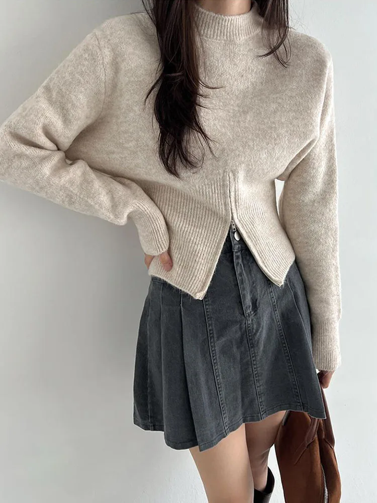 Шикарный осенний свободный крой с длинной молнией све, круглый трикотажный цветной свитер для женщин, для поездок на работу, Sle Faion