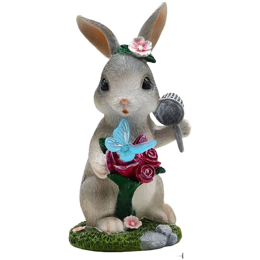 Solar Powered Resin Easter Ornament Rabbit and Butterfly for Outdoor Garden Decor 11x11x23cm Weather Resistant Finish