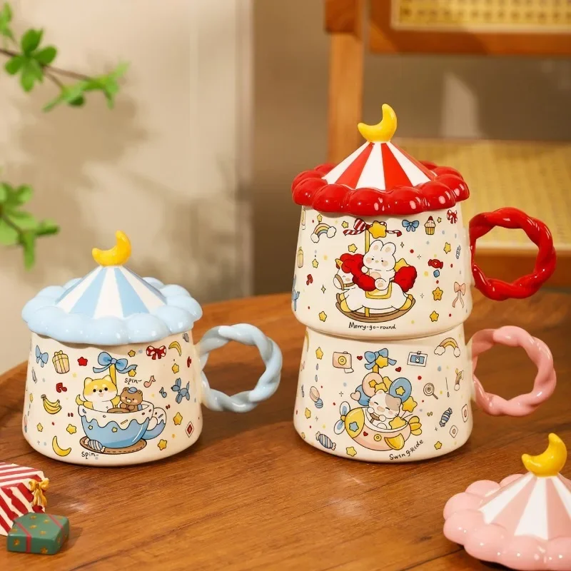 Carousel Ceramic Coffee Cup with Lid Delicate Afternoon Tea Flower Tea Coffee Cup for Home Breakfast Drinks Mug Birthday Gifts