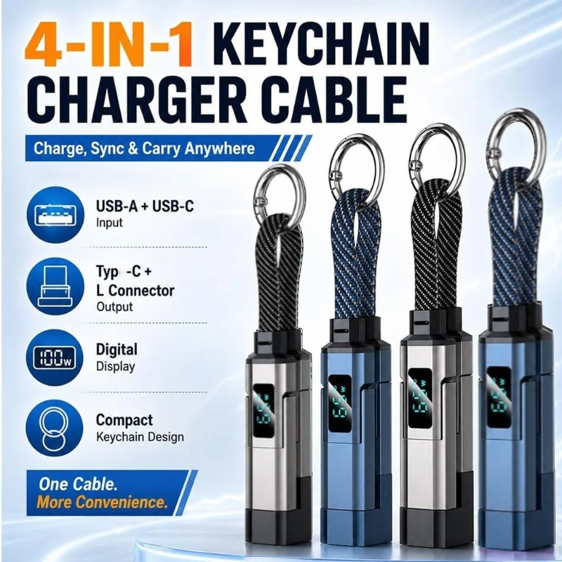 4 in 1 Portable 65W Keychain Digital Display PD Fast Charging Cable for IPhone Huawei Short Type-C Mobile Phone Data Cable