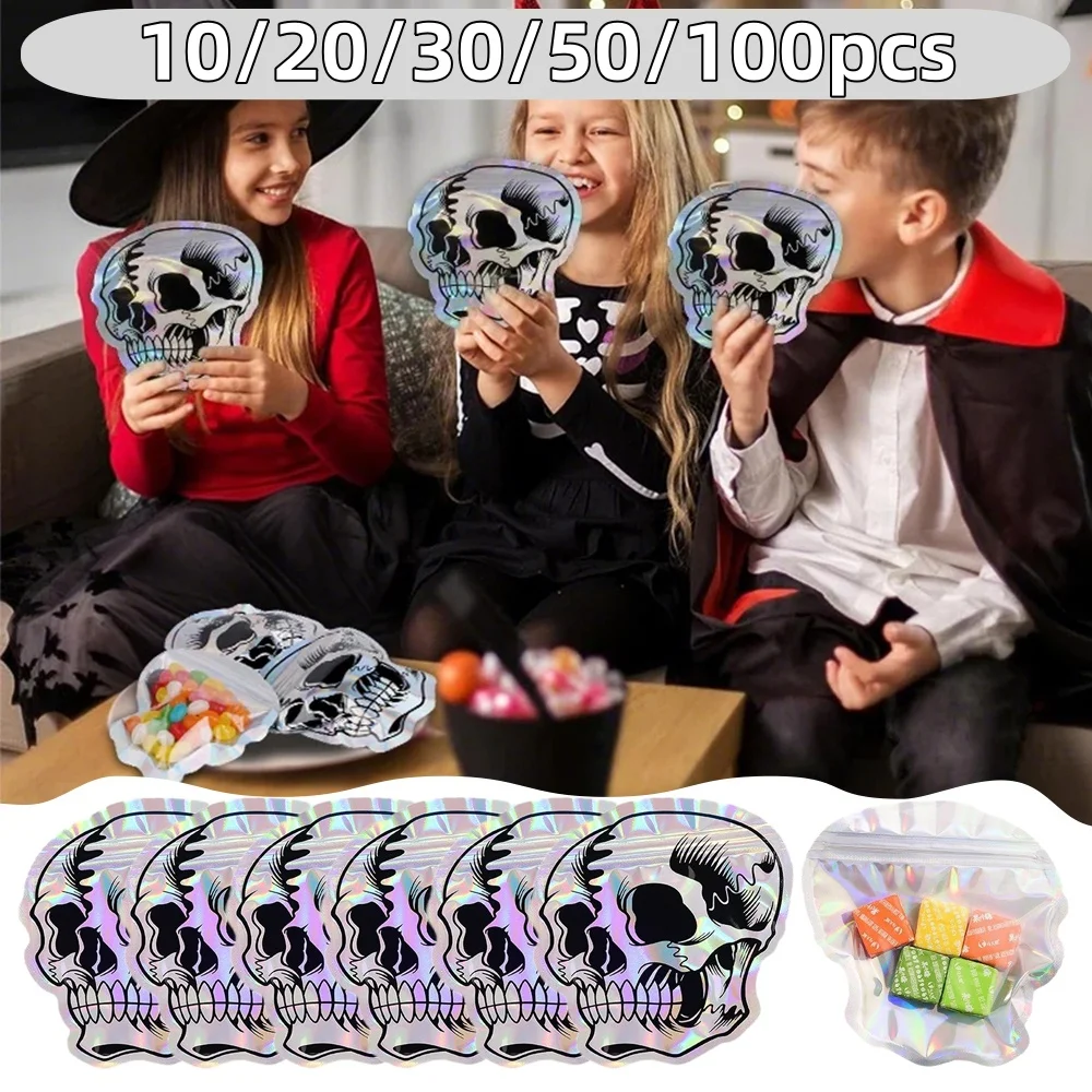10–100 Stück Halloween-Schädel-Süßigkeitstüten, selbstdichtende Halloween-Geschenktüten für Party, Festival, Süßigkeiten, Snacks, Kekse, kleine Leckerli-Boxen