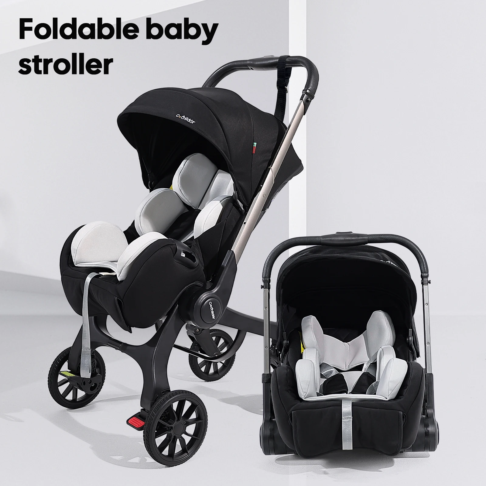 

Portable baby strolle, foldable travel cart, adjustable handle for two-way push, adjustable backrest, with sunshade