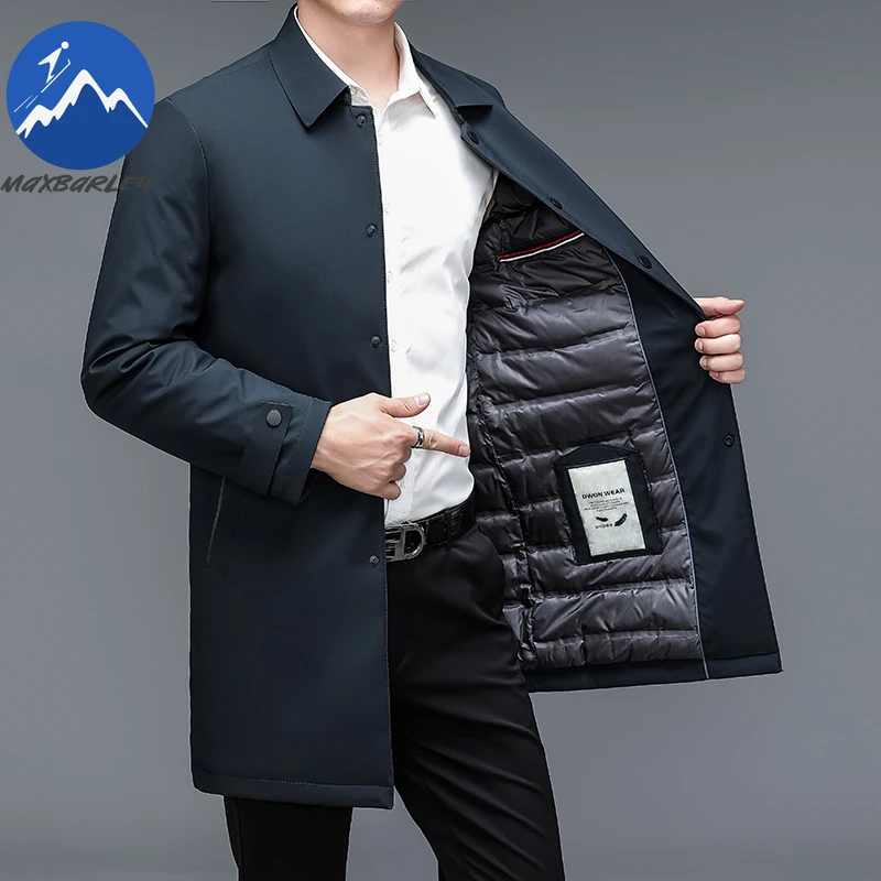 

Luxury Brand Long Down Jacket Men Winter Casual Thick Flip Collar White Duck Down Warm Puffer Business Lightweight Trench Coat