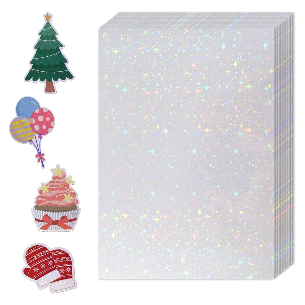 【BAAQ】 36 Sheets Holographic Sticker Paper,Holographic Laminate Sheets,Clear Vinyl Sticker Sheets,11.7 X 8.3 Inches(Star)