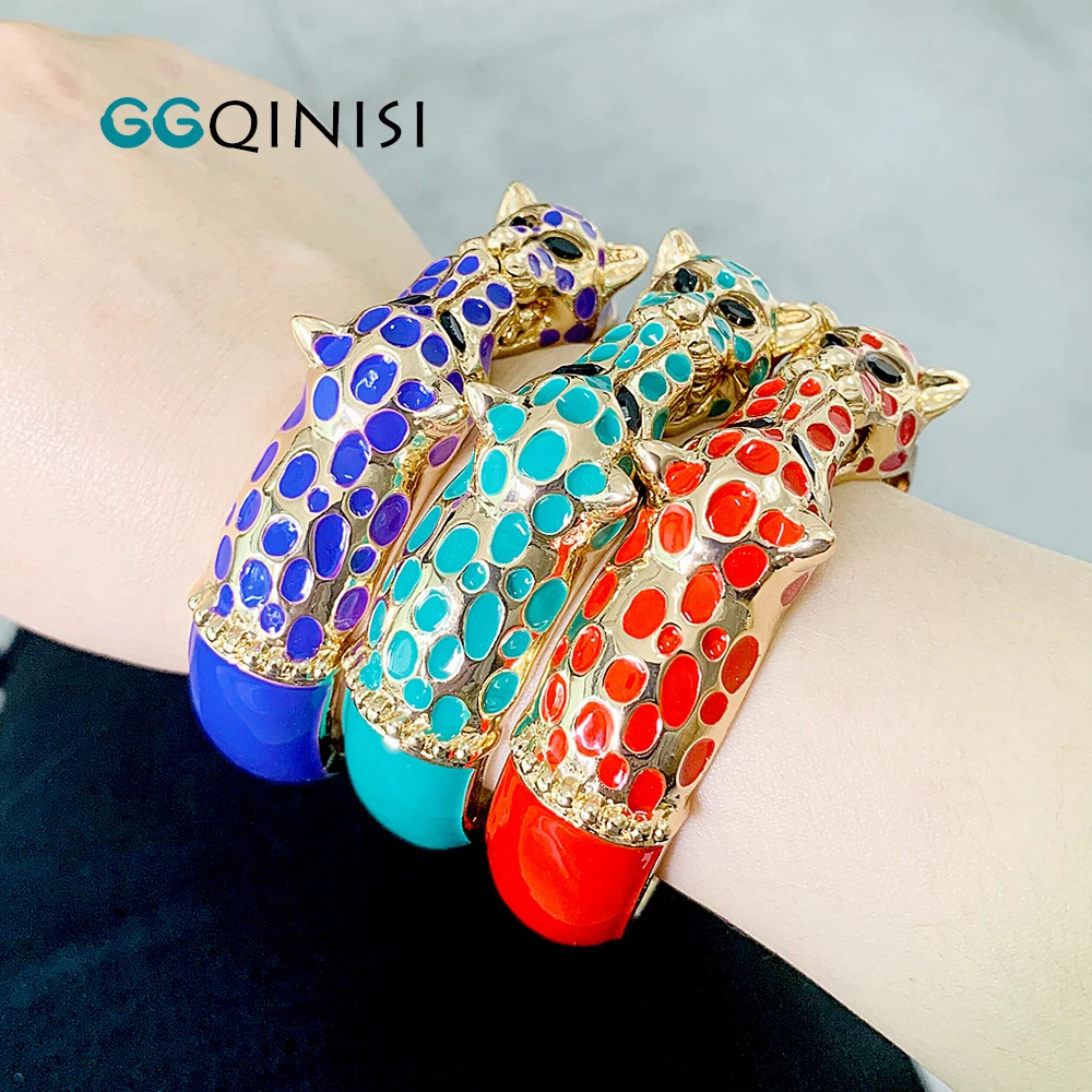 GGQINISI Fashionable Luxury Leopard Cuff Bracelet Bangle Jewelry for Women Multicolor Enameled Statement Bracelets Nice Bangles