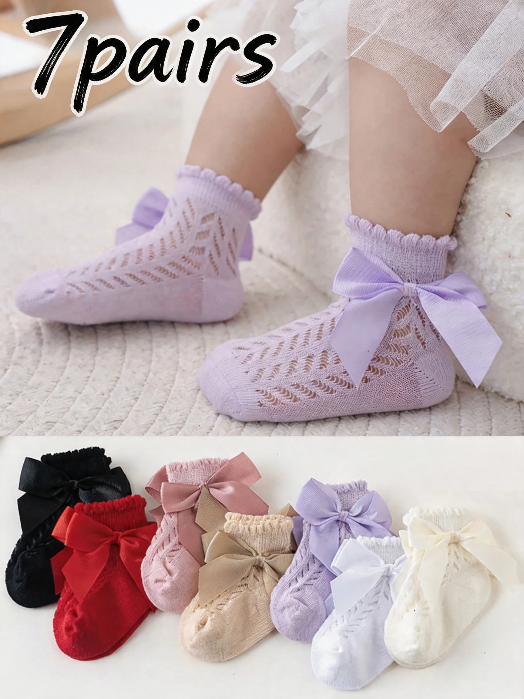 7 Pairs Baby Girls Bow Decor Ankle Socks 0‑1Y Mesh Breathable Ruffle Trim Short Socks Infant Casual Colorful Daily Dress Socks
