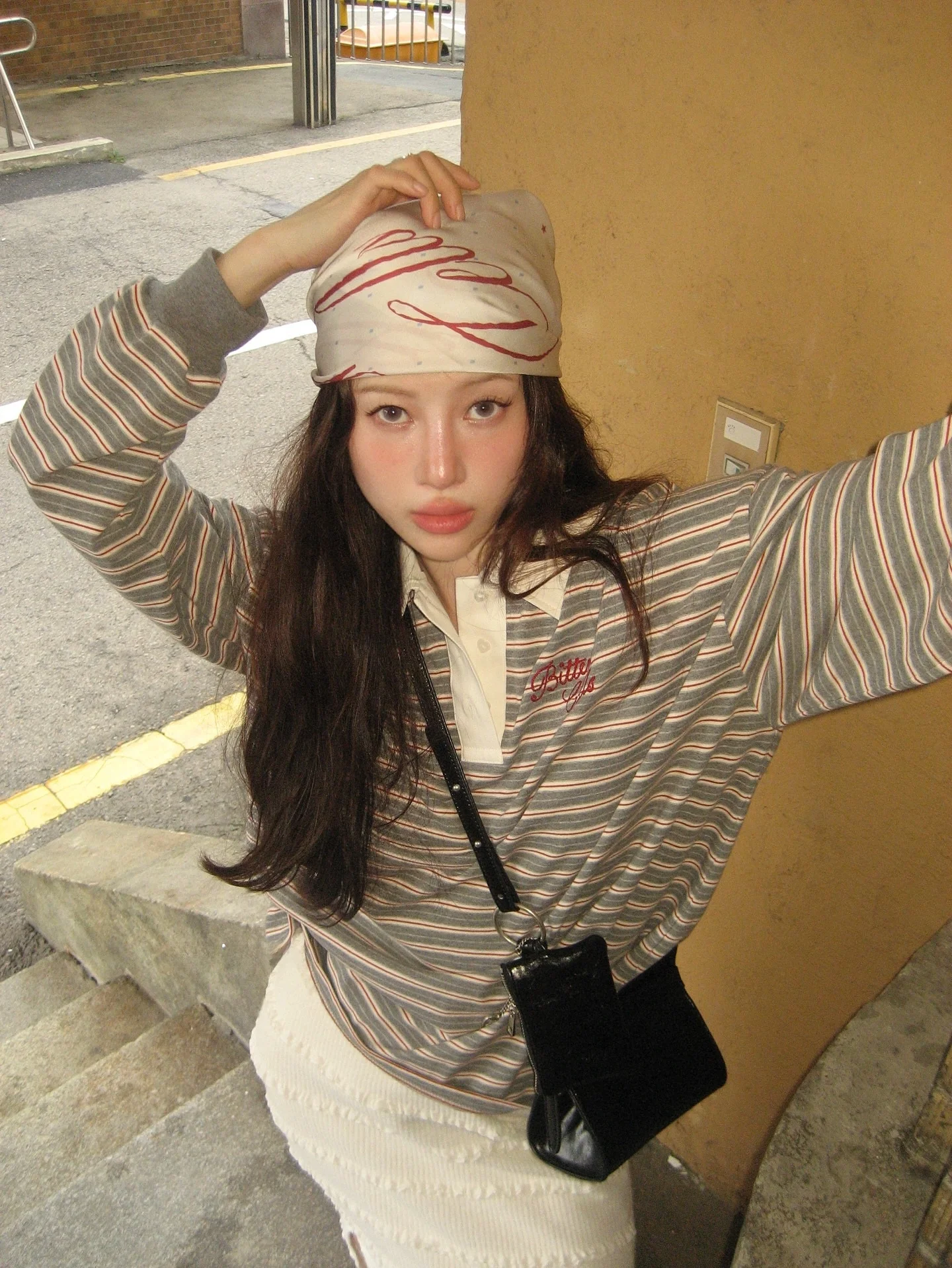 Retro Striped Heart Button  Neck Long Sleeve T-Shirt Casual Versatile Women's Top Unique SEI Korean Style Creative Pattern