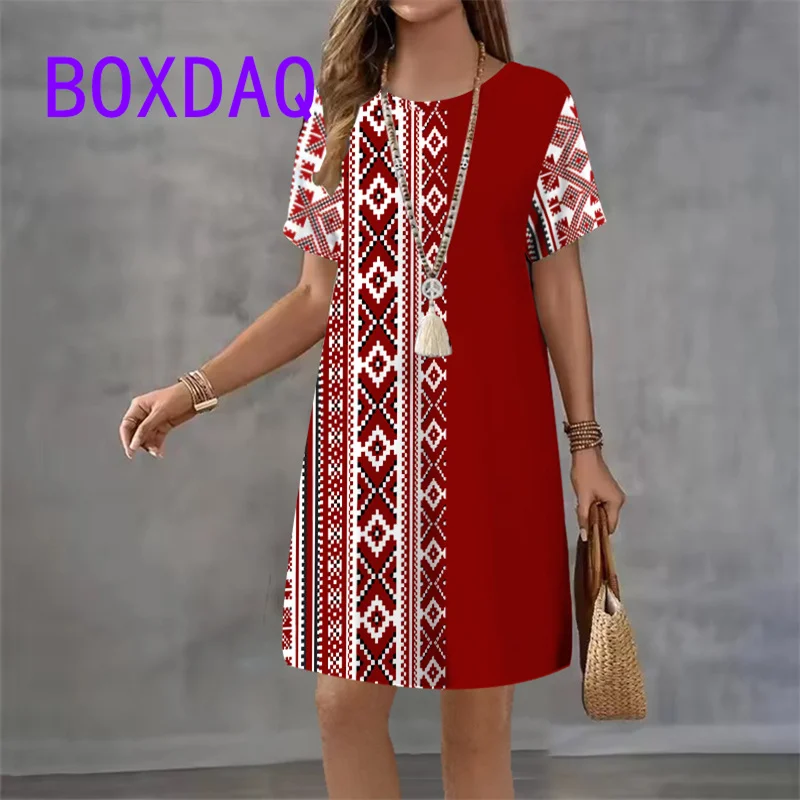 

Винтажное платье для женщин в этническом стиле с принтом, мини-платье с коротким рукавом и круглым вырезом, женская летняя одежда, свободное повседневное платье трапециевидной формы 2025