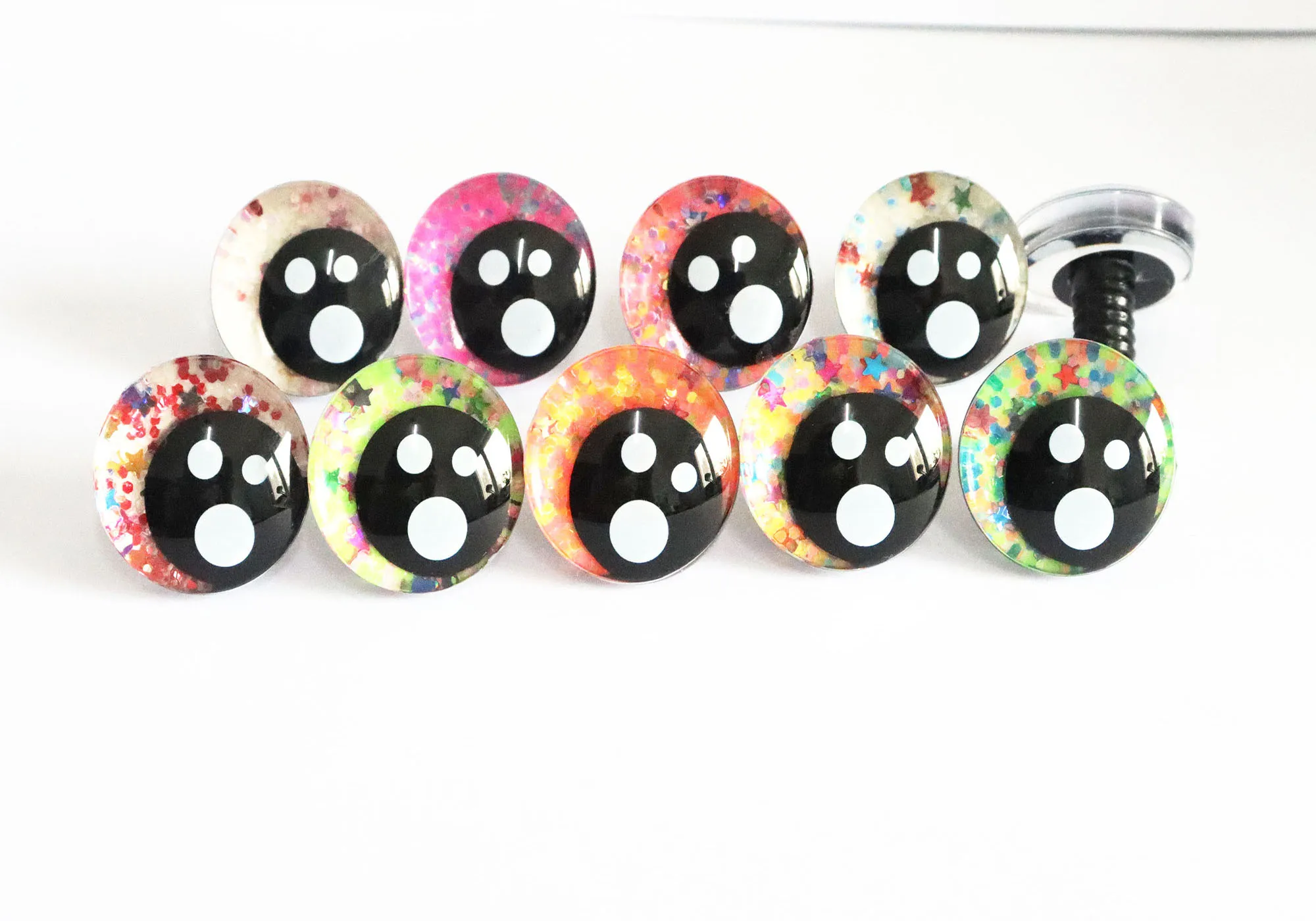 10pair colorful 25mm clear print Offcentre 3D  Comical round glitter toy eyes with hard washer color option--S9