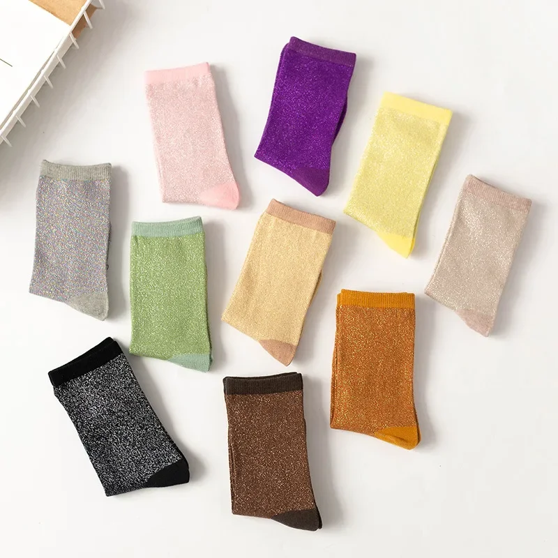 

Women's Style Gold and Silver Silk Material Women's Fashion Socks Solid Color Glitter Shiny High Elastic Fashionable
