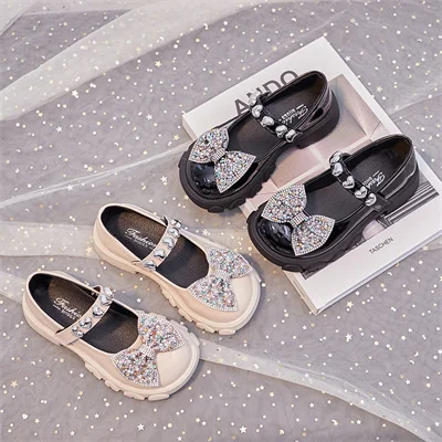 Girls Round Head Small Shoes with Love Diamond-bow Two Colors, Spring and Autumn New Outdoor PU Girls Shoes, Size 26-36