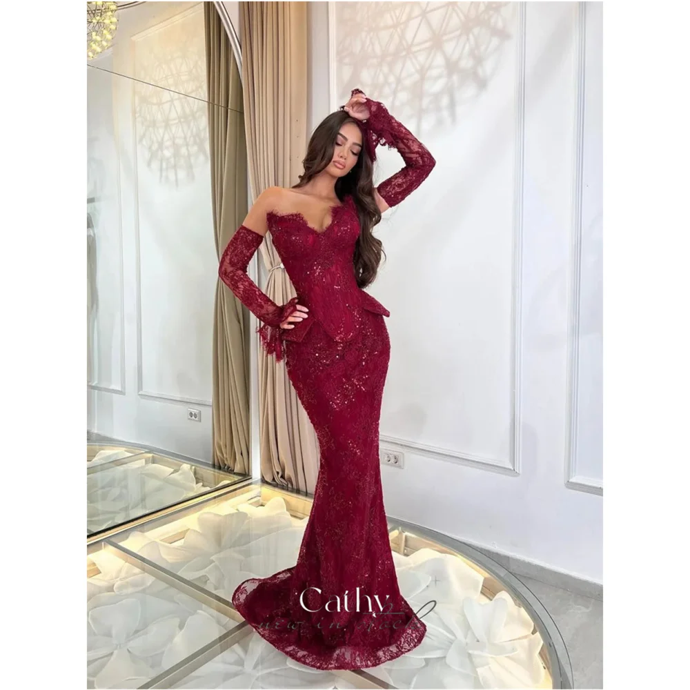

Cathy индивидуальное бордовое блестящее кружевное платье русалки для выпускного вечера со съемными длинными рукавами, платья de noiva, вечерние платья длиной до пола