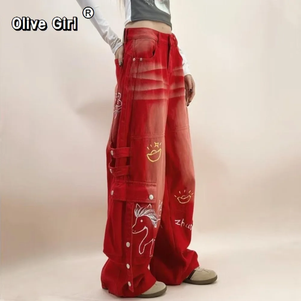 Olivegirl Women's Pants Red American Plus Size Jeans Denim Retro Red Hand-painted Horse Design Loose Workwear Wide Leg Trousers