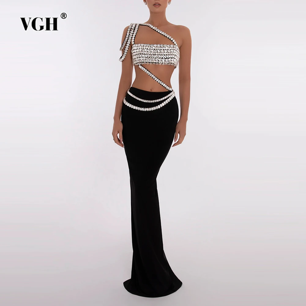 

VGH Sexy Spliced Diamonds Two Piece Sets For Women Diagonal Collar Sleeveless Tops High Waist Bodycon Skirts Slimming Set Female