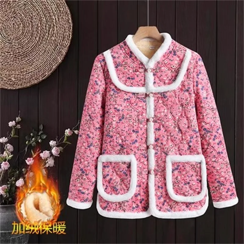 Winter New Retro Chinese Style Padded-Cotton Jacket For Women Large Size With Plush Flower Jacket Mothers Thick Warm Outerwear