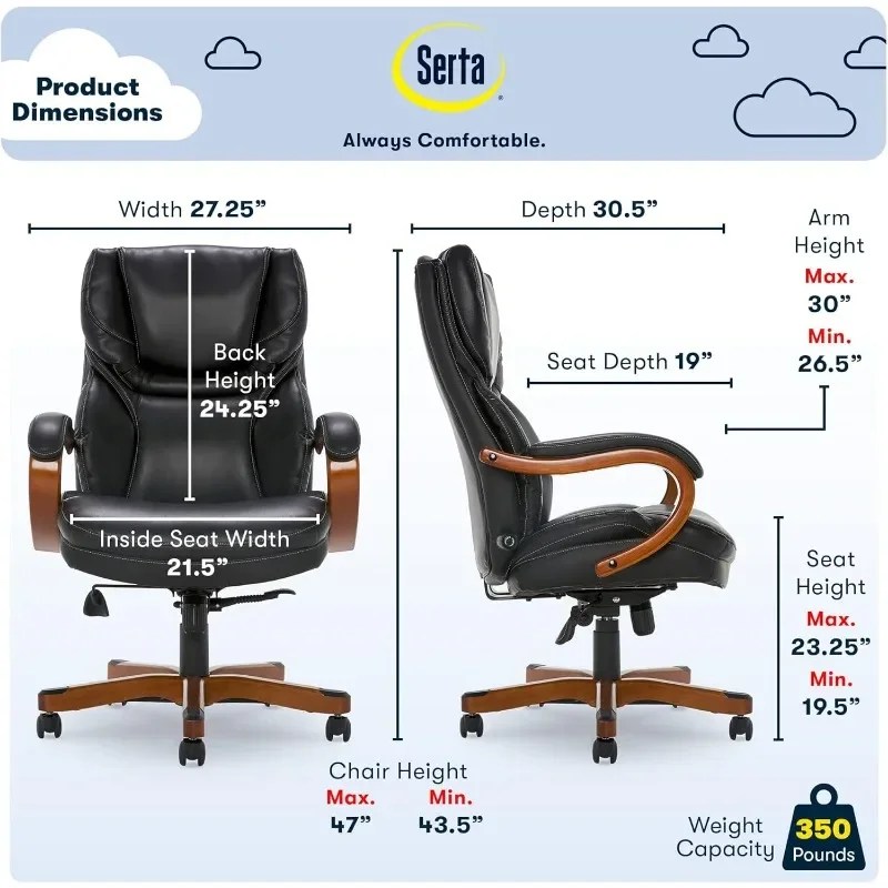 Большое и высокое офисное кресло Serta с деревянными акцентами, эргономичное компьютерное кресло с регулируемой высокой спинкой