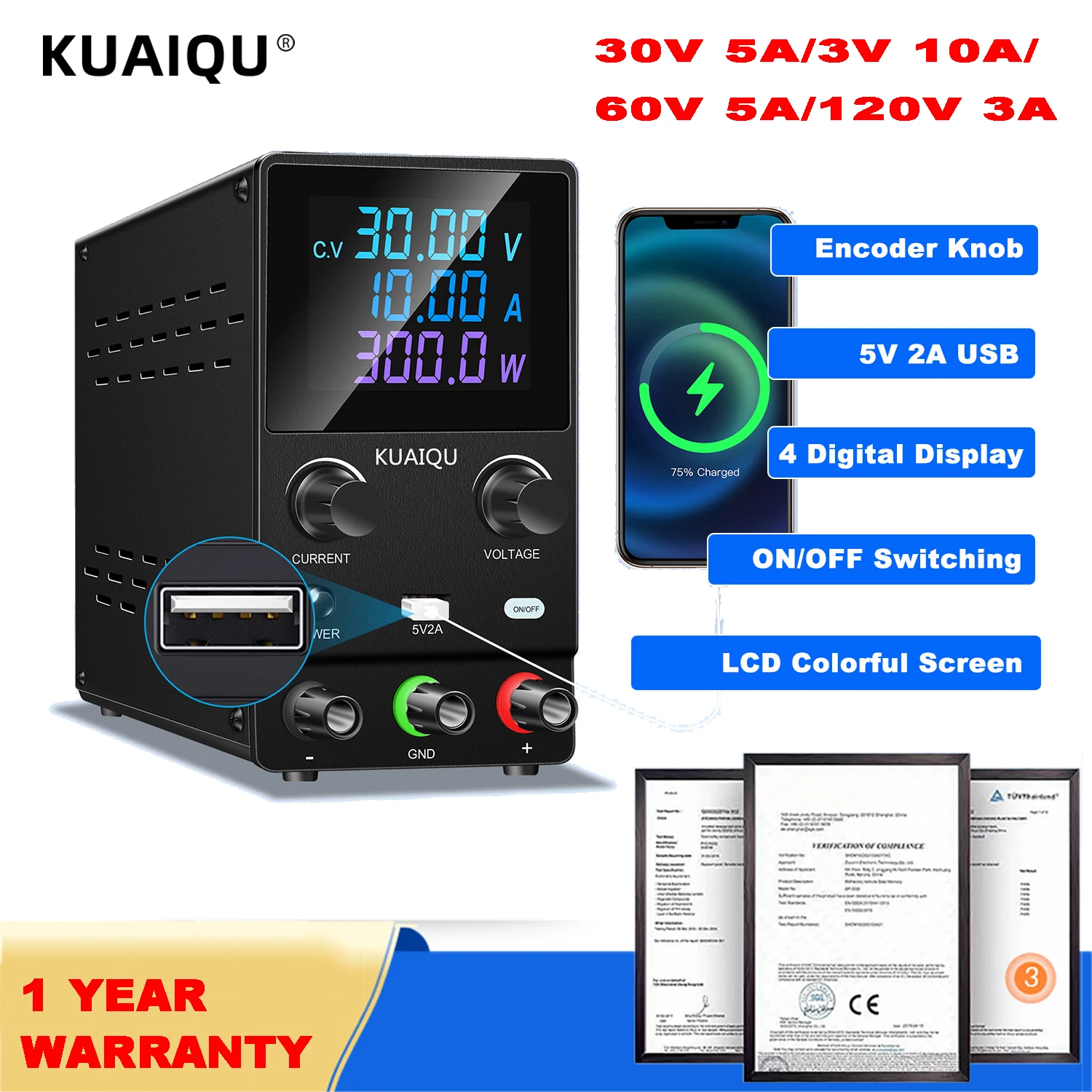 KUAIQU DC Lab Power Supply 30V 10A/60V 5A/120V 3A Adjustable Switching Power Supply 5V 2A USB Charging Regulator Encoder Knobs