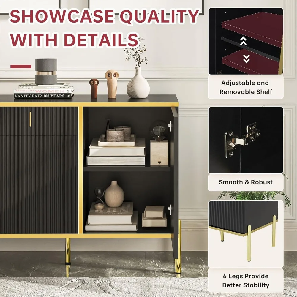 60” Modern Sideboard Buffet Cabinet, Fluted Storage Sideboard with Adjustable Shelves & Pop-Up Doors, Multifunctional