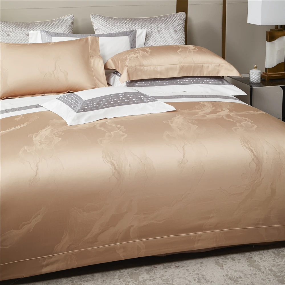 Champagne Gold Bedding Sets Jade Belt Danube River Design Yarn Dyed Jacquard 800TC Pure Cotton Duvet Cover Pillowcase Sheets