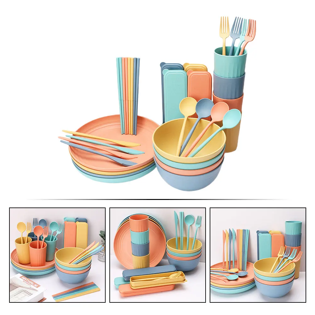 

4 set Portable Wheat Straw Cutlery Set Eco-Friendly Tableware For Home Kitchen Dining Bowl Plate Cup Household Wheat