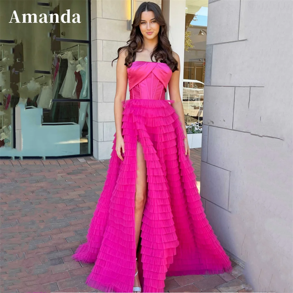 

Amanda Elegantly Floor Lenght فساتين سهره فاخره2023 Tulle Slim A-line Prom Dresses Sexy Tube Top Split Legs Vestidos De Noche