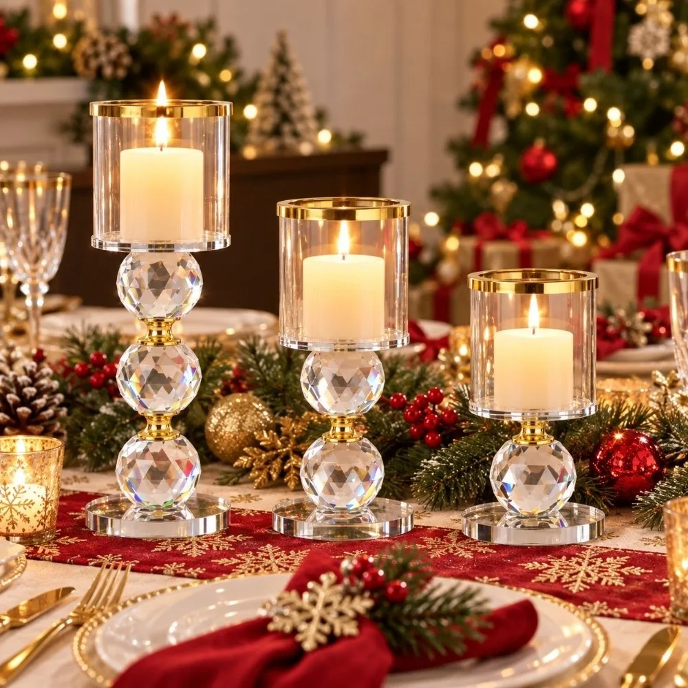 S/M/L Christmas Windproof Candle Holder Golden with Crystal Ball Candle Base Romantic Atmosphere Candle Stand High-Transparency