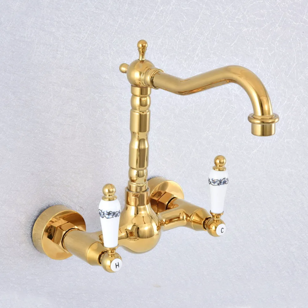 Polished Gold Color Brass Wall Mounted Double Handles Bathroom Kitchen Sink Faucet Mixer Tap Swivel Spout asf610