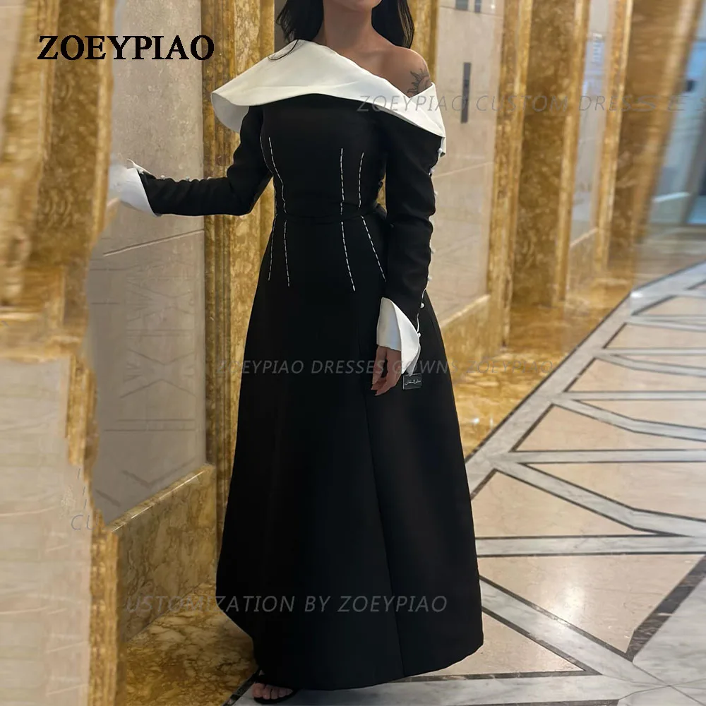 Robe de Soirée en Satin à Manches sulfet Longueur de Rincage, Tenue Élégante à lèvent en Noir/Blanc, pour Occasions Spéciales