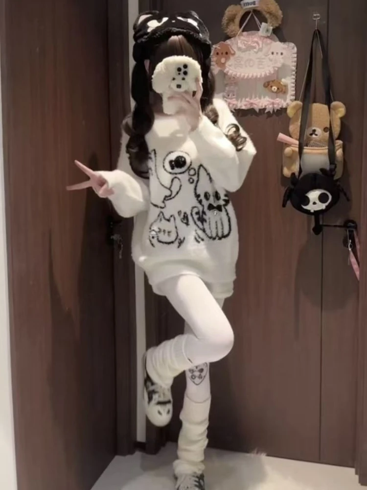 Harajuku Japanese Sweet Long Sleeve Sweater Women Casual Cartoon Embroidery Kawaii O-Neck Subculture Slim Spring Autumn
