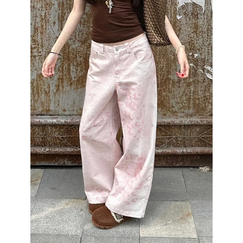 Women's Pink Vintage High Waist Wide Leg Jeans 2025 Summer Korean Style Slimming Exclusive Type Ladies Denim Trousers