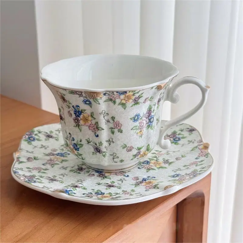 HT round mouth floral coffee cup and saucer set French ceramic cup retro European exquisite light luxury small fragrant