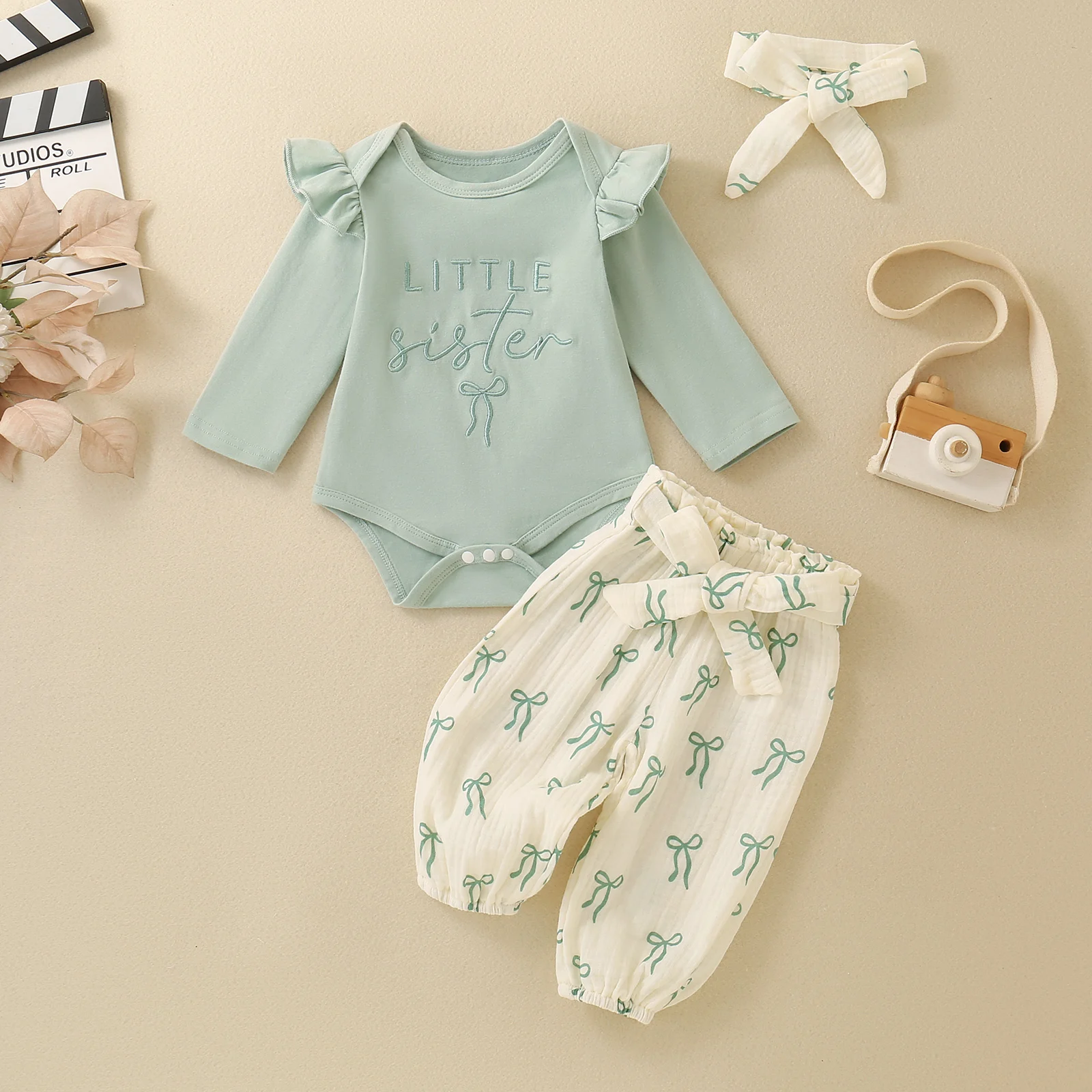 Little Sister Baby Girl 2PCS Outfit Long Sleeve Ruffle Romper Bow Print Pants with Headband Newborn Infant Toddler Clothes