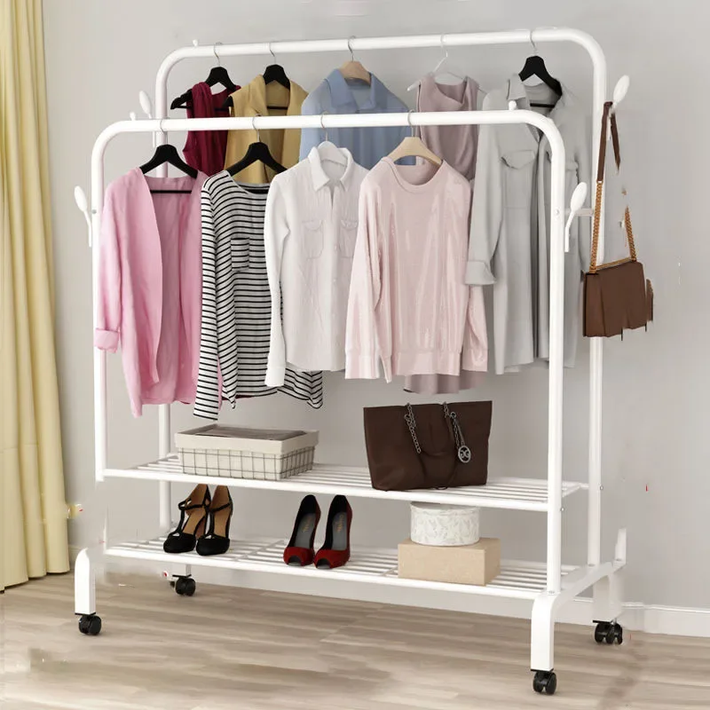 

Double Pole Coat Rack Floor Standing Clothes Hanger Storage Bedroom Balcony Cloth Drying Shelf Shoes Rack Nordic Horse Furniture