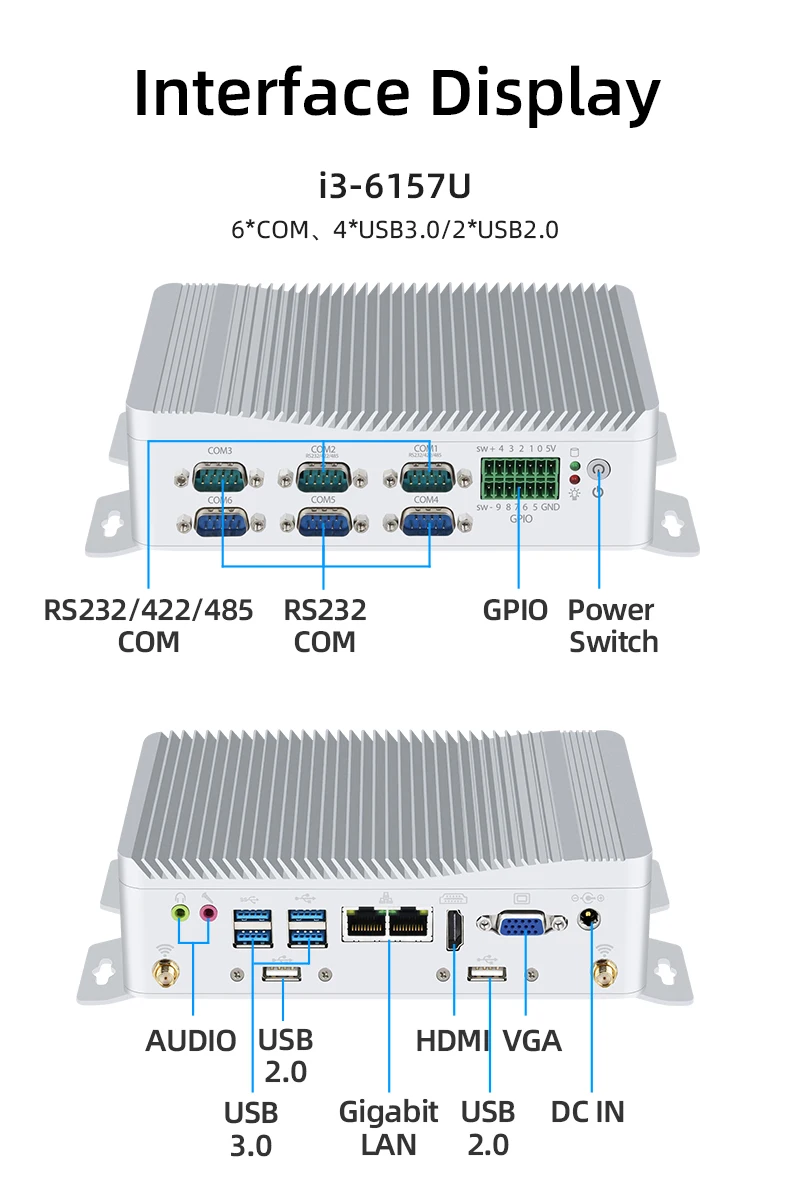 Helorpc Industrial Mini PC I3-6157U/j1900 Processor Support Windows10 Linux with 2xGbE LAN 6xDB9 COM RS232/485 Fanless Compute