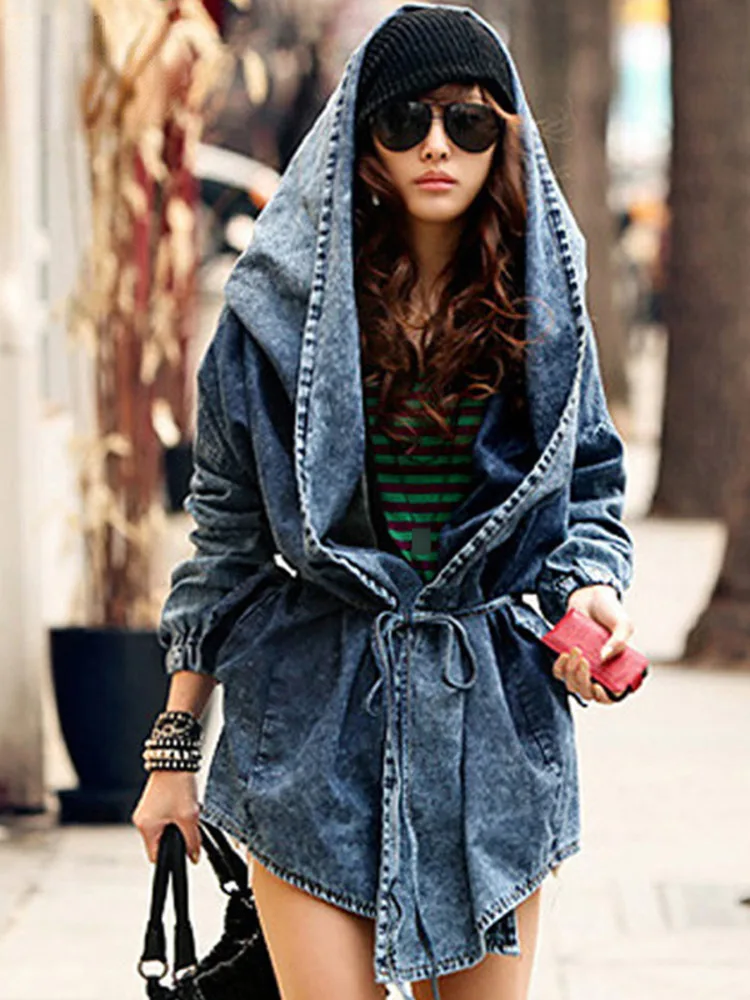 New Girl\'s Denim Jackets Oversized Hoodie Hooded Outerwear Jean Wind Jacket Fashion Design Denim Women Coat