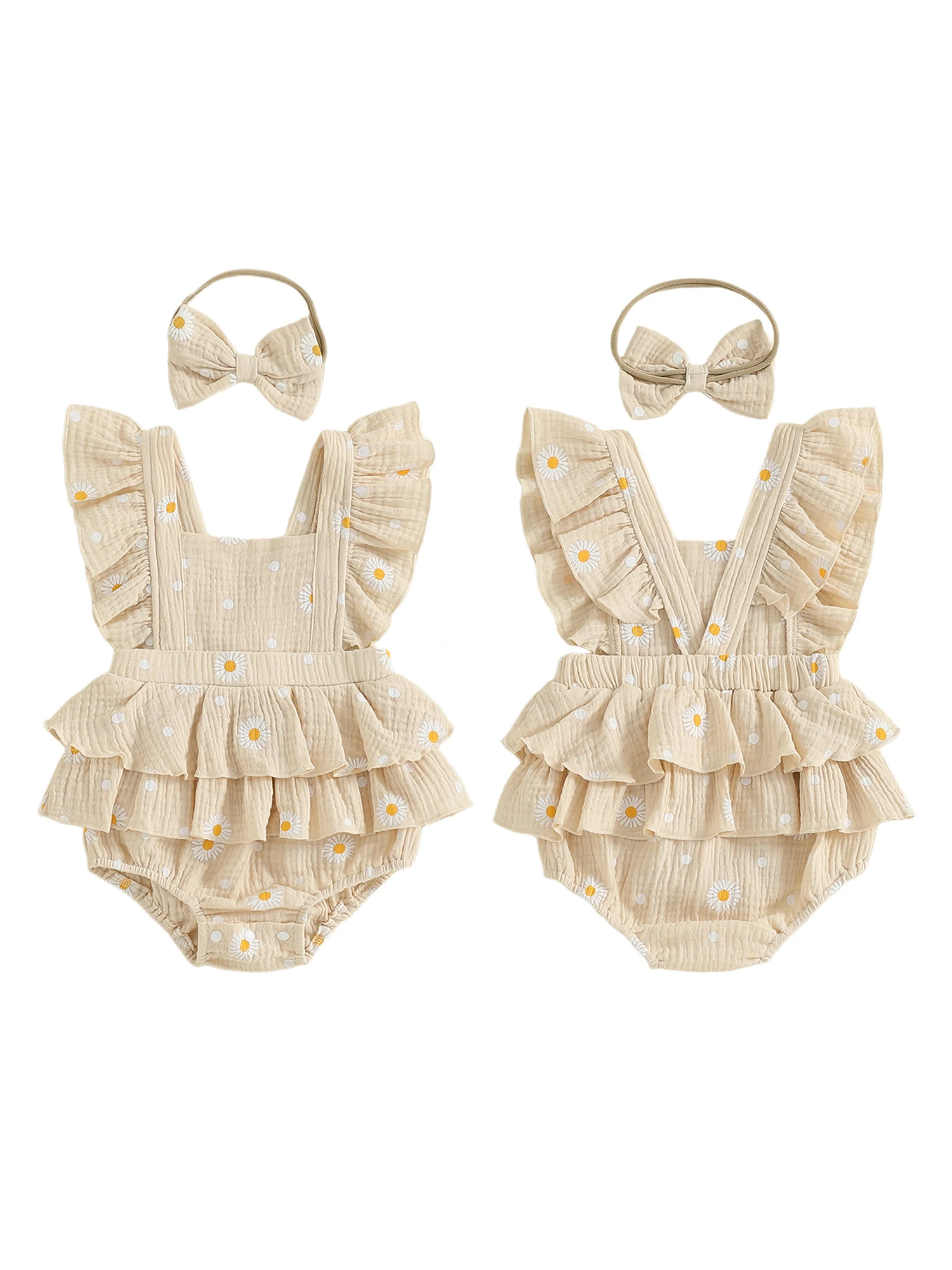 

Adorable Baby Girl Floral Romper Dress with Ruffle Sleeves and Matching Bow Headband Set for Summer Outfits