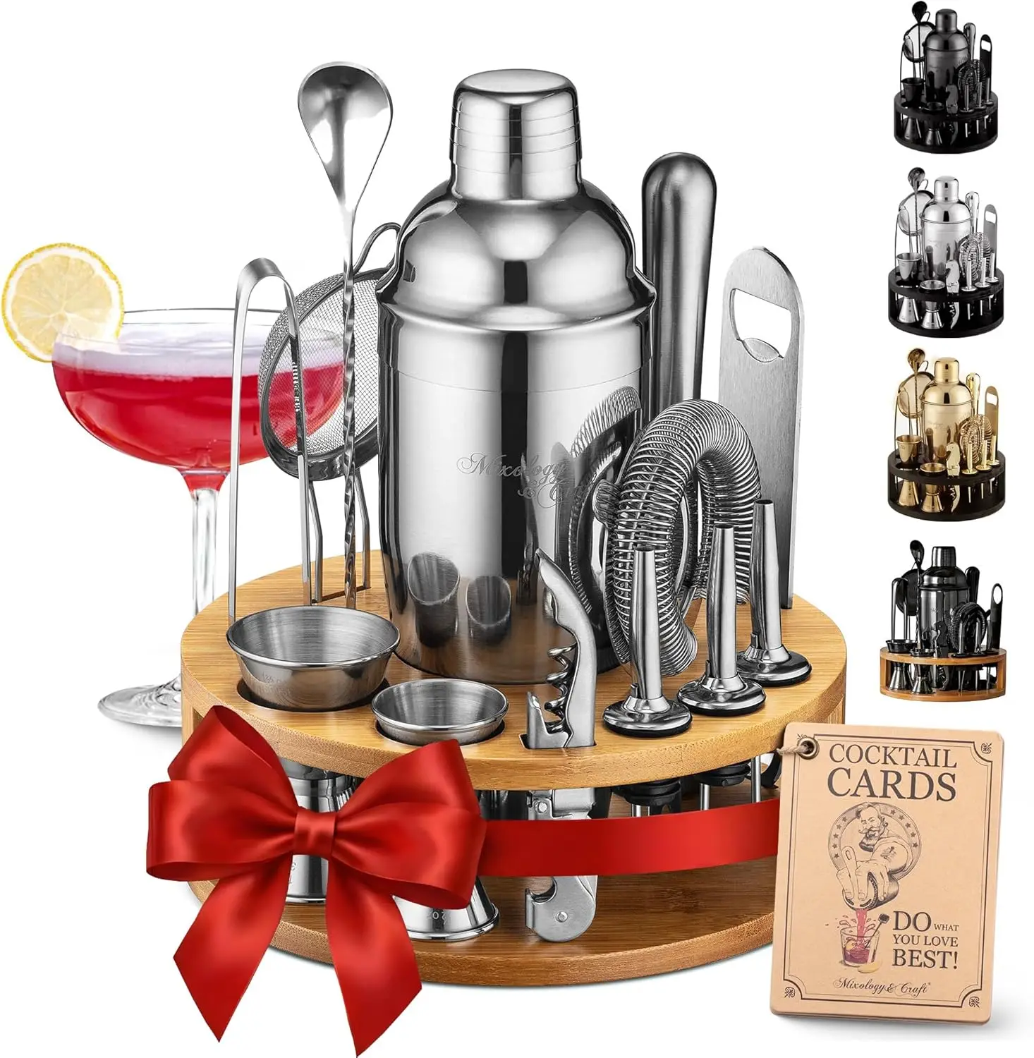 

15-Piece Professional Cocktail Shaker Set with Bamboo Stand - Complete Mixology Kit for Home Bars & Gifts