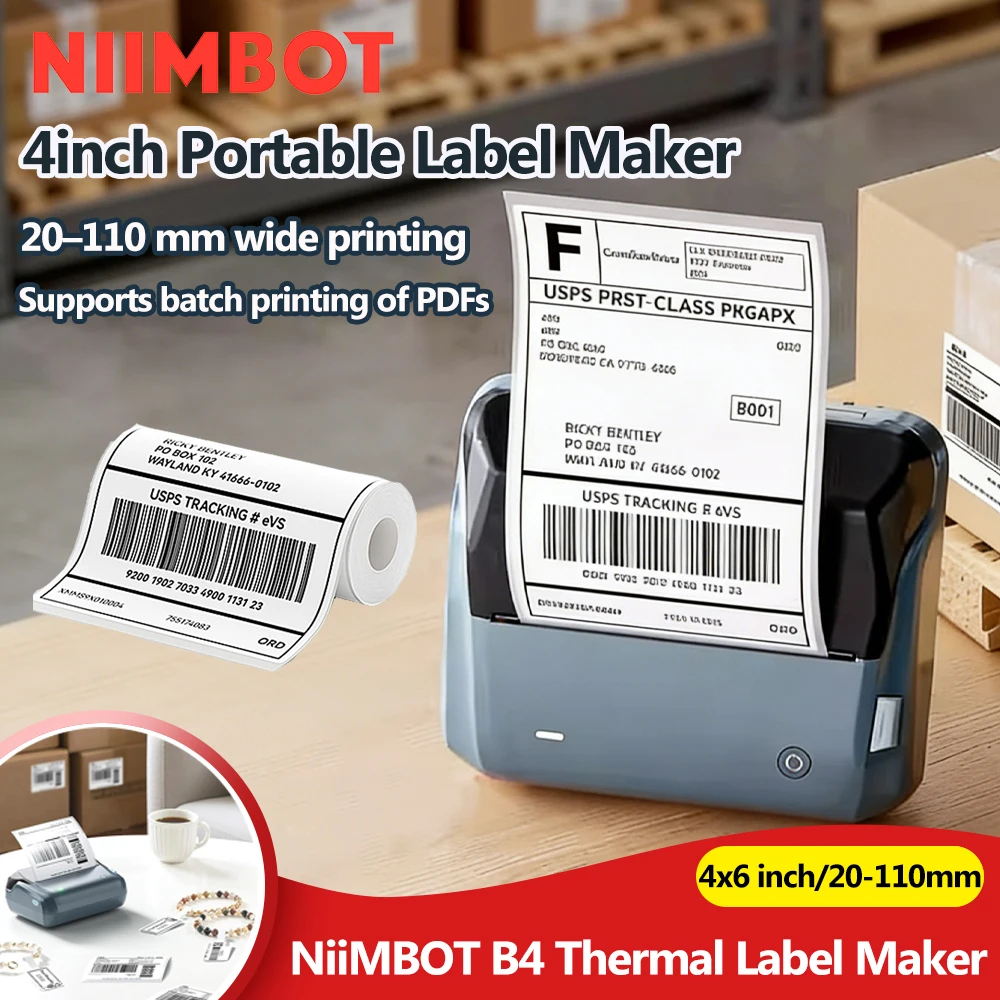 NIIMBOT B4 Potable 4inch Label Printer 20-110mmm Print Width Label Shipping Barcode Sitcker Big Size Multiple devices connected