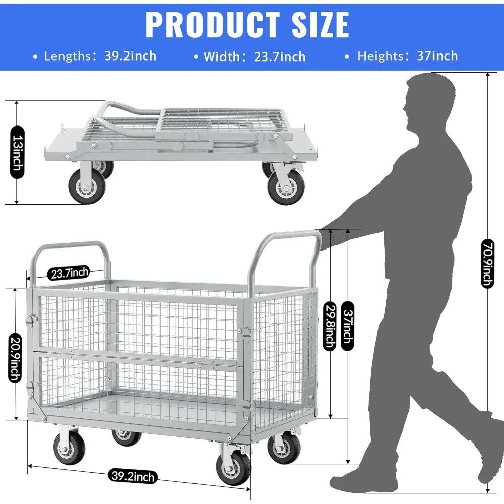 Platform Truck Cart with Cage,5in1 Heavy Duty Flatbed Cart, Foldable Hand Truck Flat Cart, Load 2500LB with 4 Swivel Casters