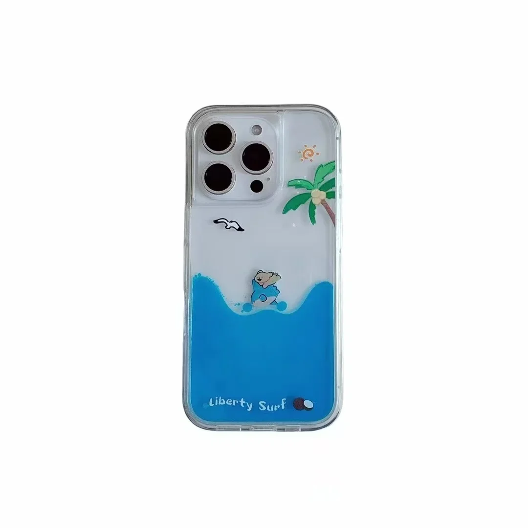 

Surfer Puppy Luxury Liquid Silicone Case For iPhone 16 15 14 13 12 Pro Case For iPhone 15 16 Pro Max Dynamic Quicksand Cover