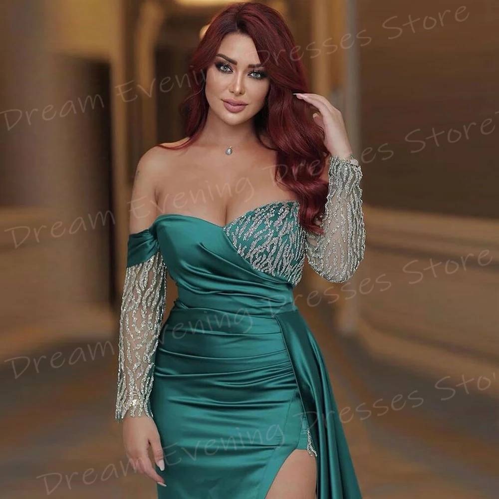 Elegante vestido de noite sereia verde feminino, manga comprida querida, vestidos de formatura, lado frisado, vestido dividido alto, clássico