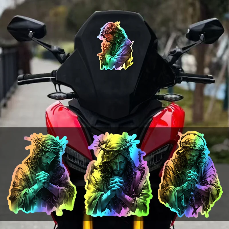 Holographic Jesus Prayer Sticker 1pc Waterproof Car Motorcycle Truck Laptop Case Luggage Vinyl Decal Religious Decor