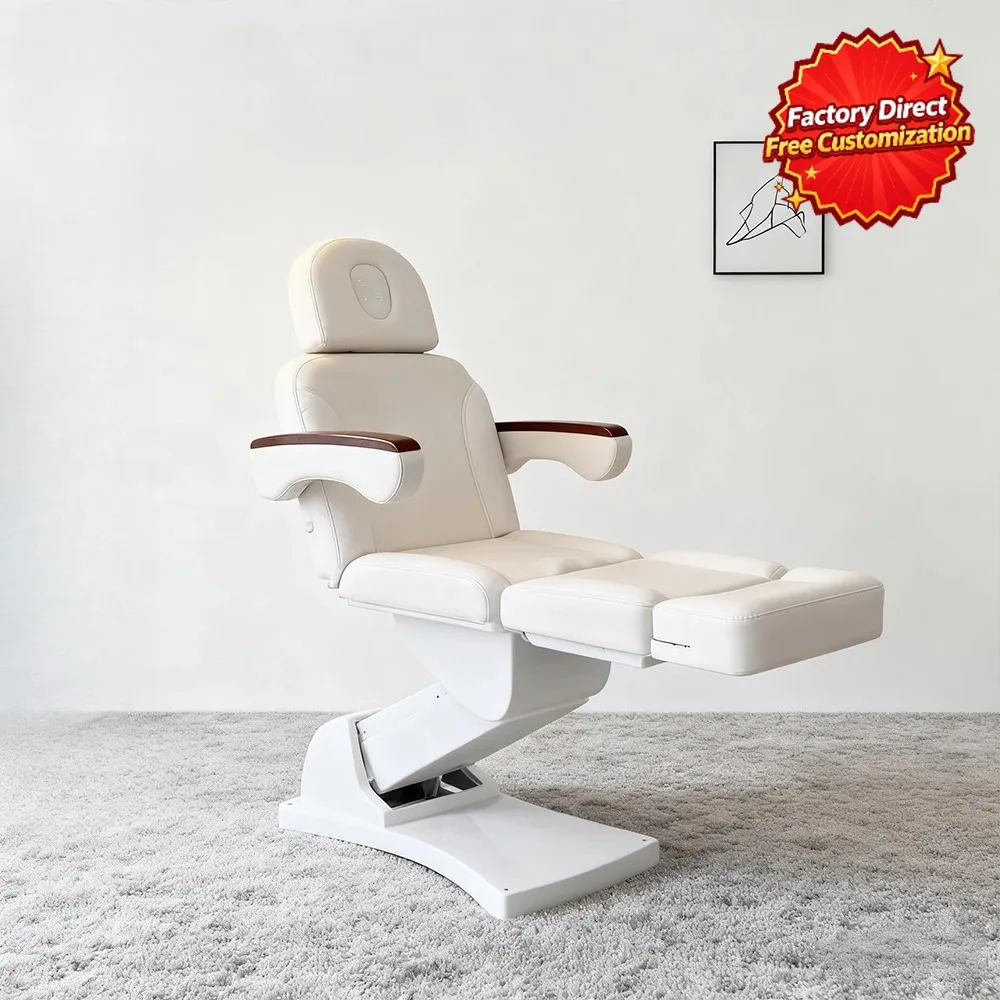 3 Motor Electric Beauty Bed Adjustable White Facial Bed Massage Table Facial Hole Wood Armrest Spa Esthetician Lash Tattoo Bed