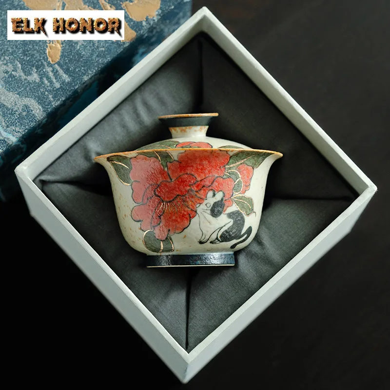 

150ml Hand-painted Camellia Blue and White Flint Red Gaiwan Tea Tureen Tea Bowl with Lid Kit Tea Making Cover Bowl Teaware Gift