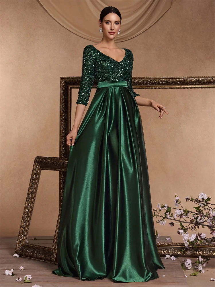 Lucyinlove-vestido de noche de manga corta con lentejuelas para mujer, elegante vestido verde de satén para fiesta de graduación, largo hasta el