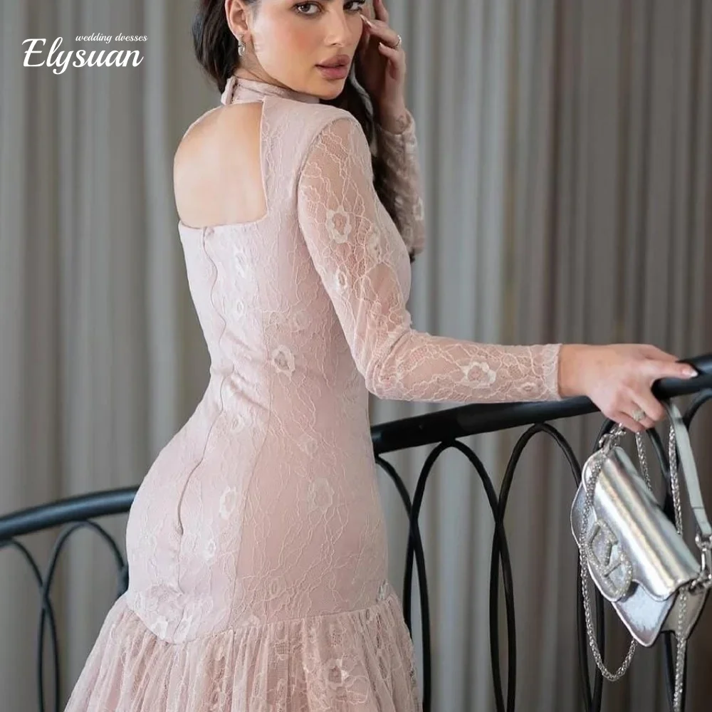 تخصيص دبي وردي فاتح الرقبة العالية ألف خط فساتين حفلة موسيقية عارية الذراعين كم طويل يزين الجلباب دي